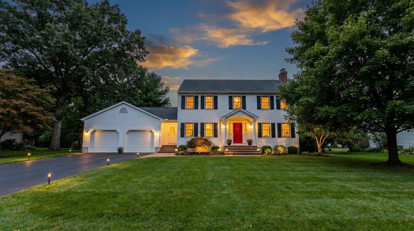 Colonial at twilight with warm window glow