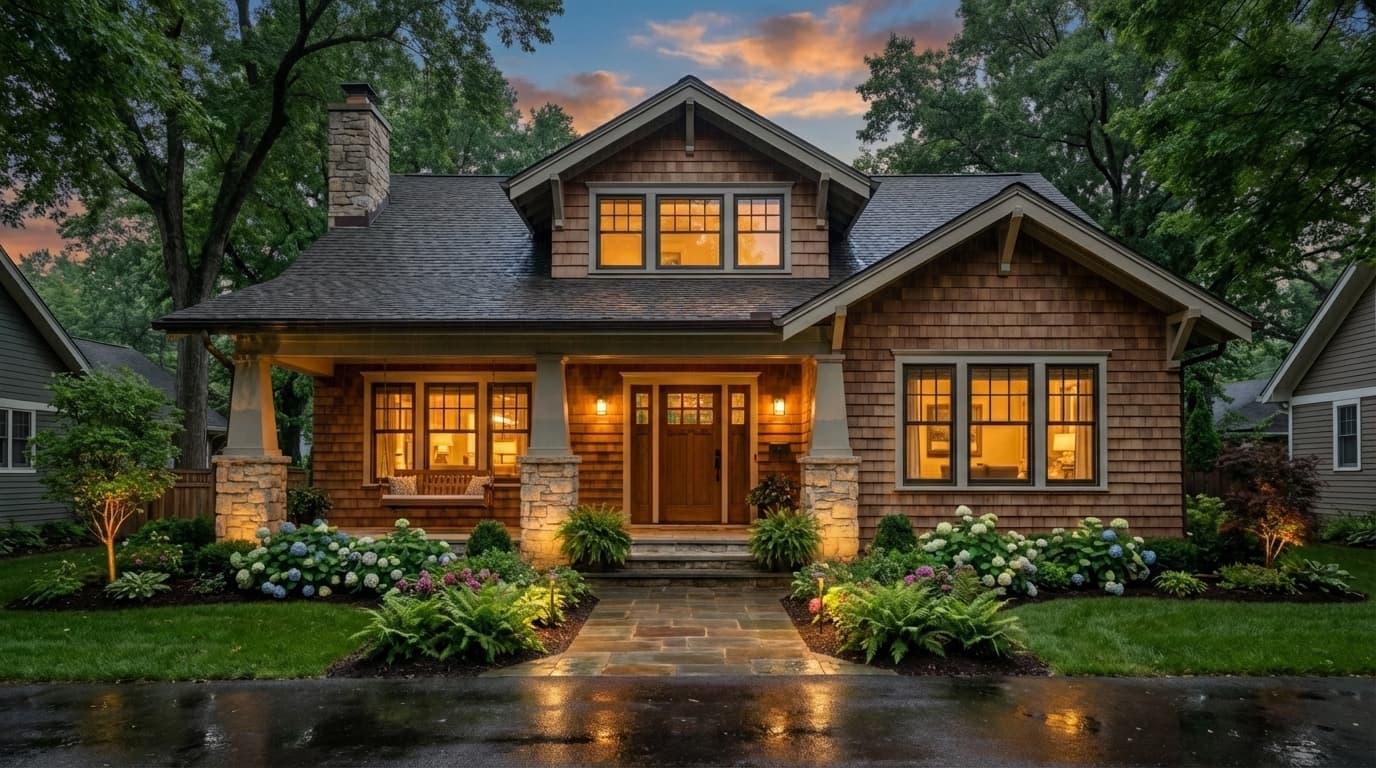 Craftsman Bungalow at twilight with warm window glow