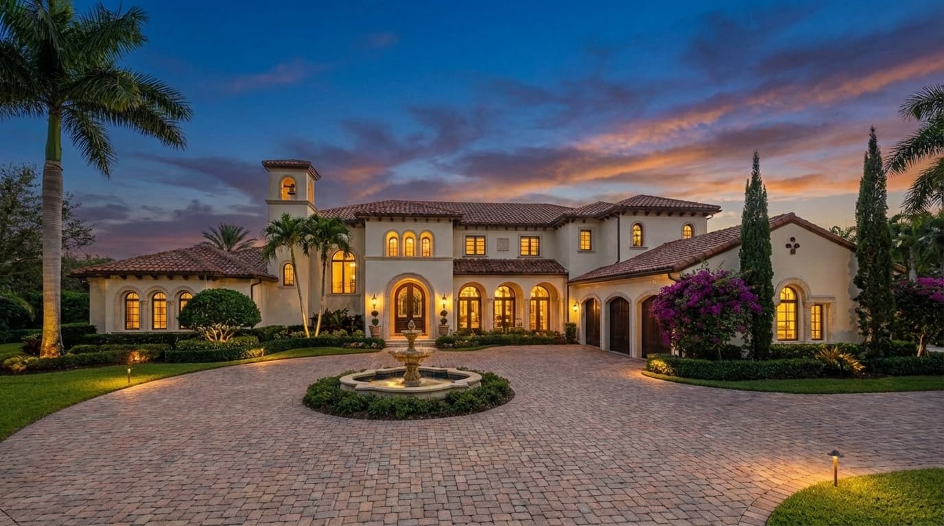 Luxury Estate at twilight with warm window glow