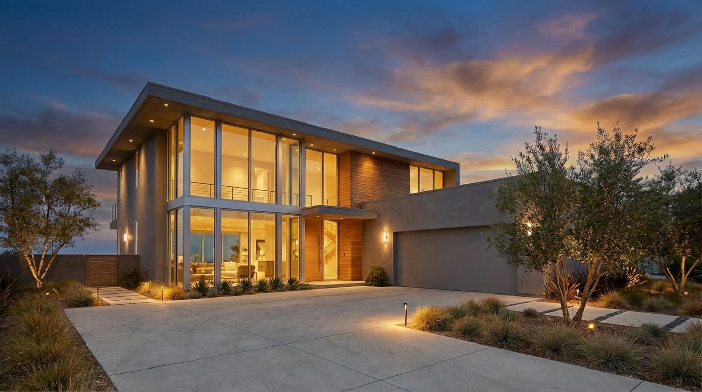 Modern Contemporary at twilight with warm window glow