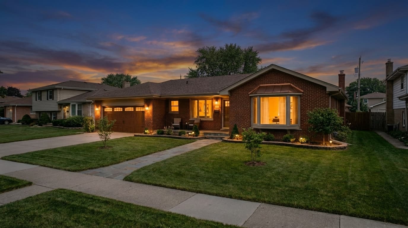 Ranch at twilight with warm window glow