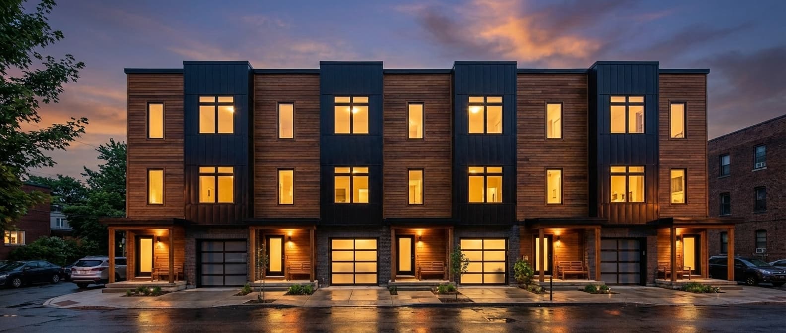 Townhouse at twilight with warm window glow