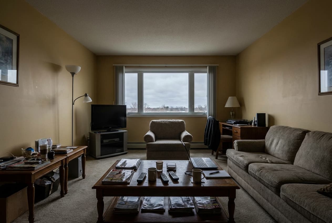 Listing photo with dark lighting, clutter, overcast sky, and dated walls