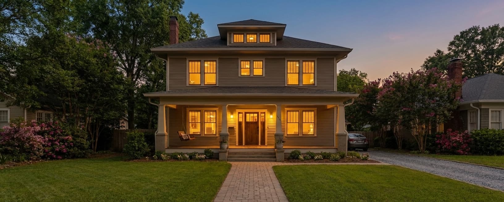 Same house transformed to stunning twilight with warm window glow