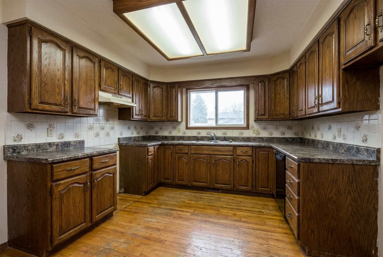 Dated 1990s kitchen with dark oak cabinets