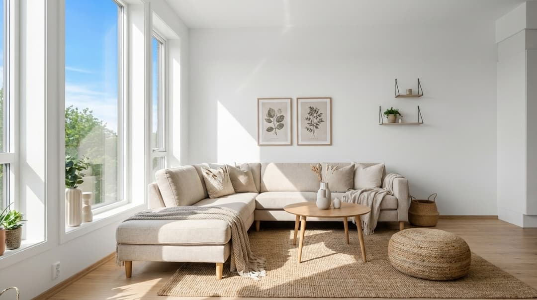 Same living room staged from angle 2 with consistent furniture and blue sky