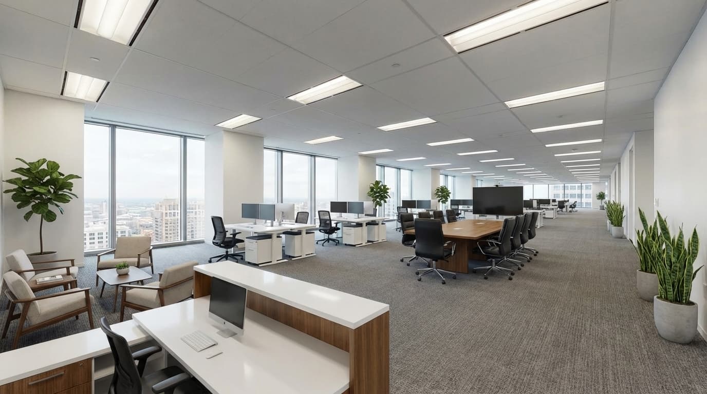Staged modern office with desks and furniture