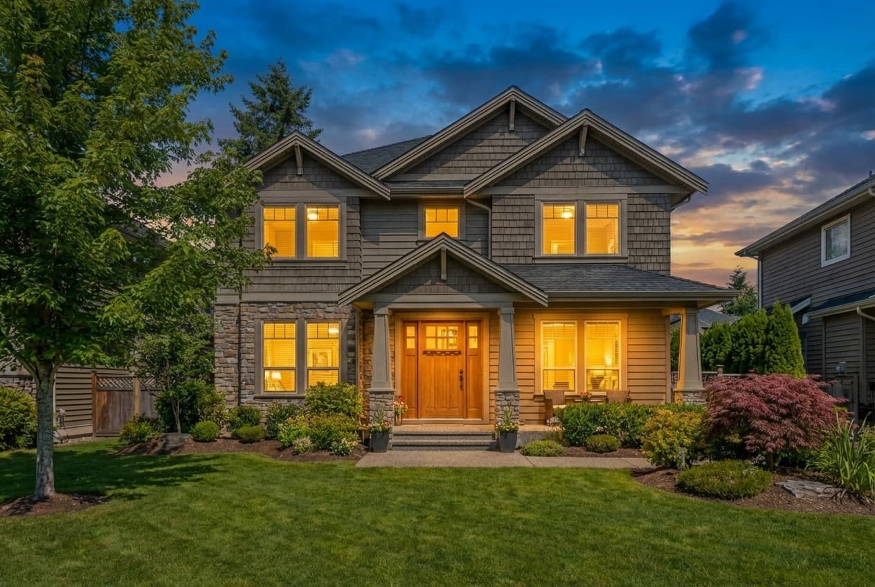 Same house at dramatic twilight