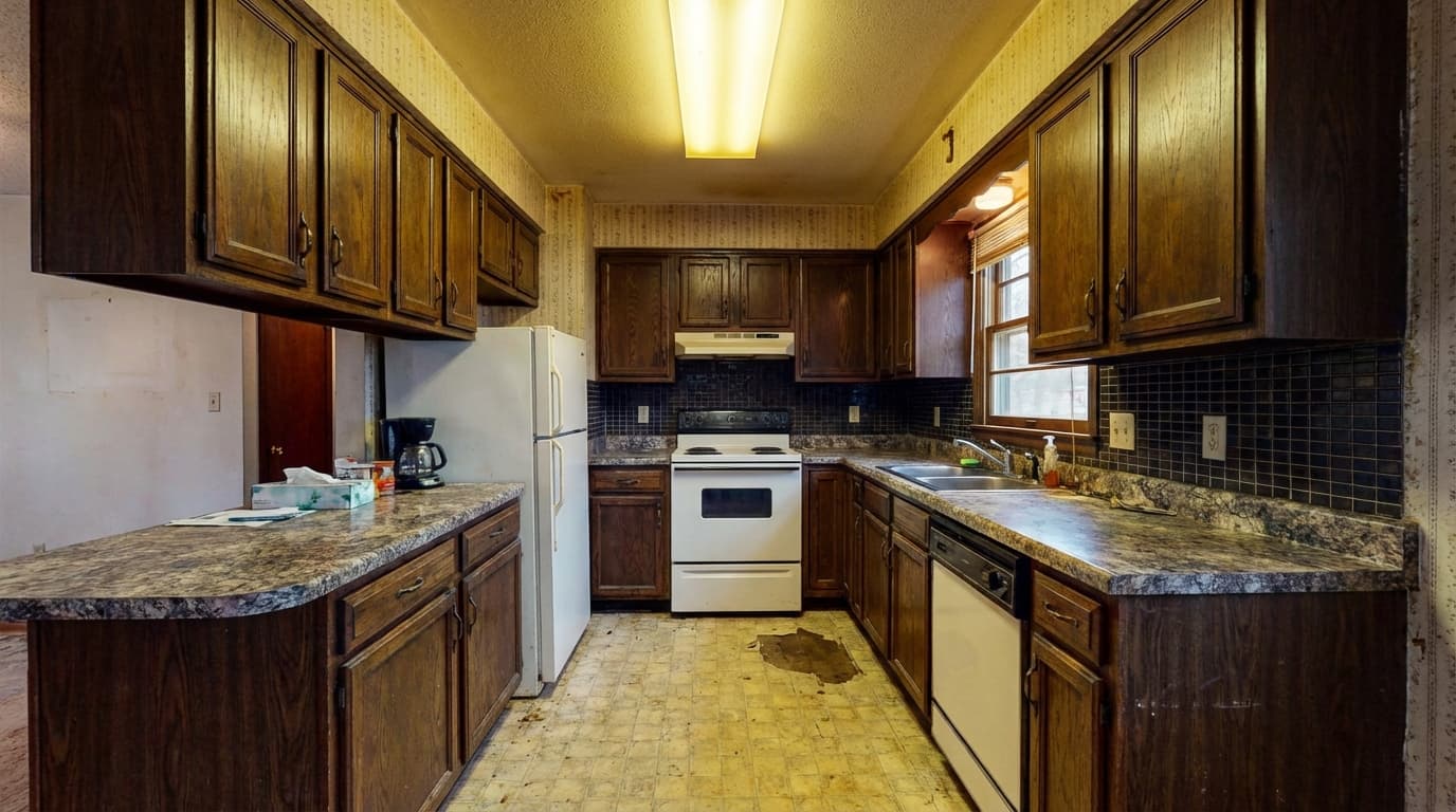 Dated kitchen with dark wood cabinets