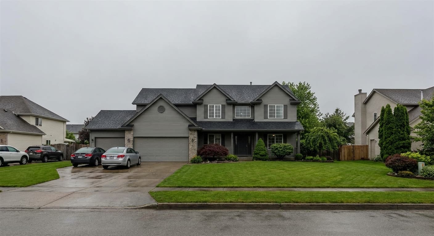 Beautiful home exterior under flat, white overcast sky