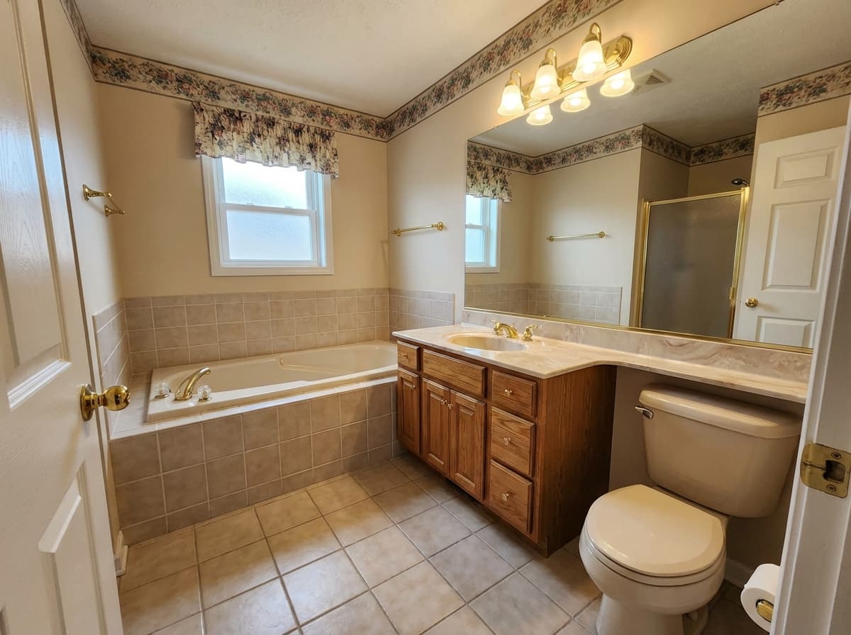 Dated bathroom with beige tile and brass fixtures