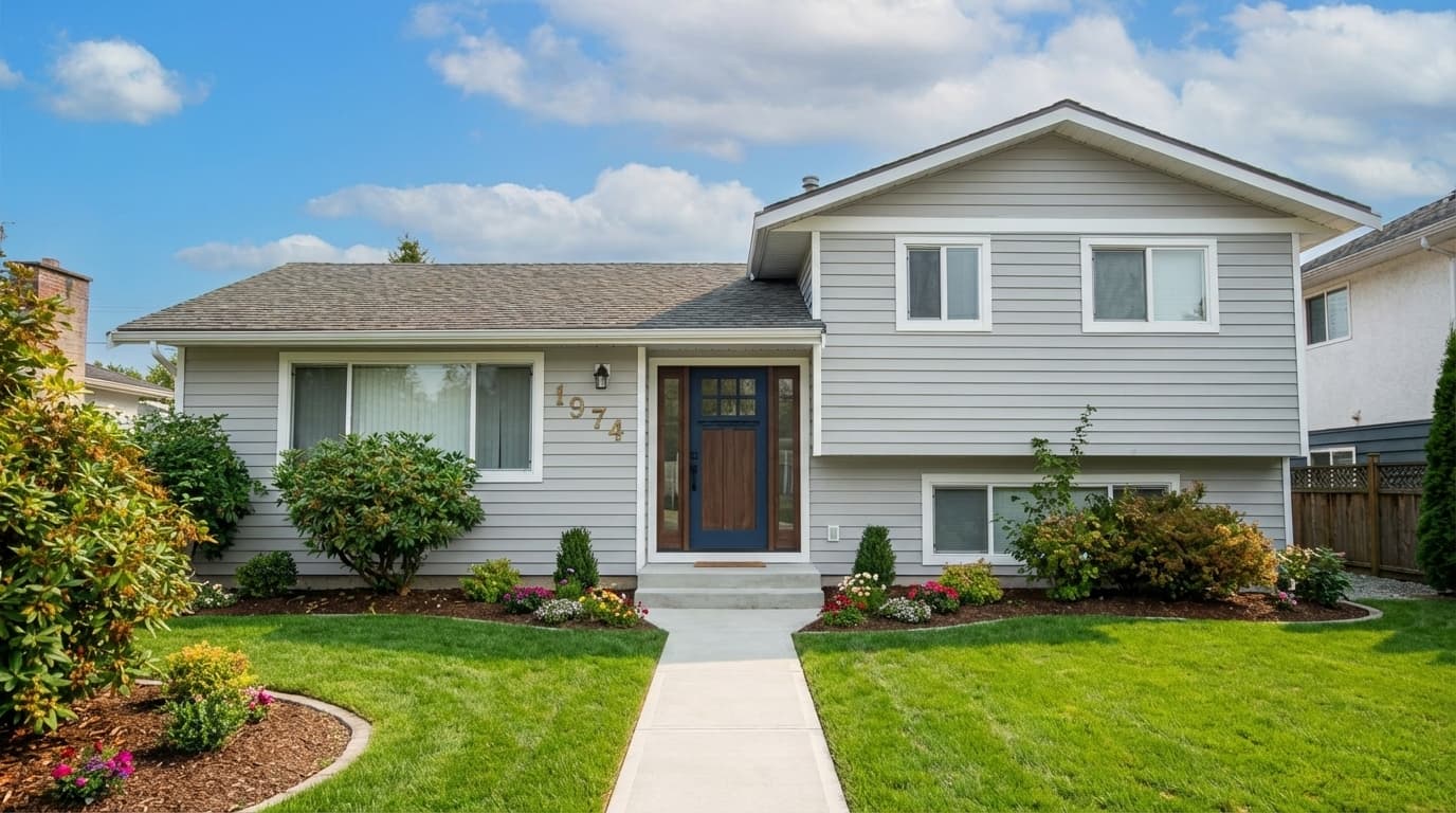 Same house with refreshed exterior and modern front door