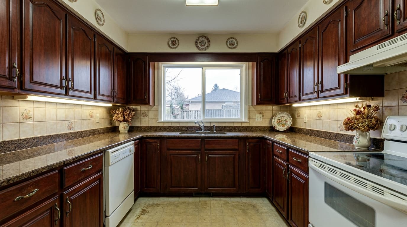 Dated 1990s kitchen with dark wood cabinets
