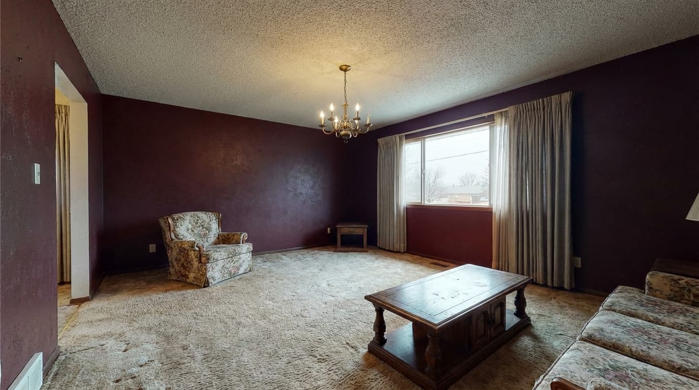 Living room with dark burgundy walls