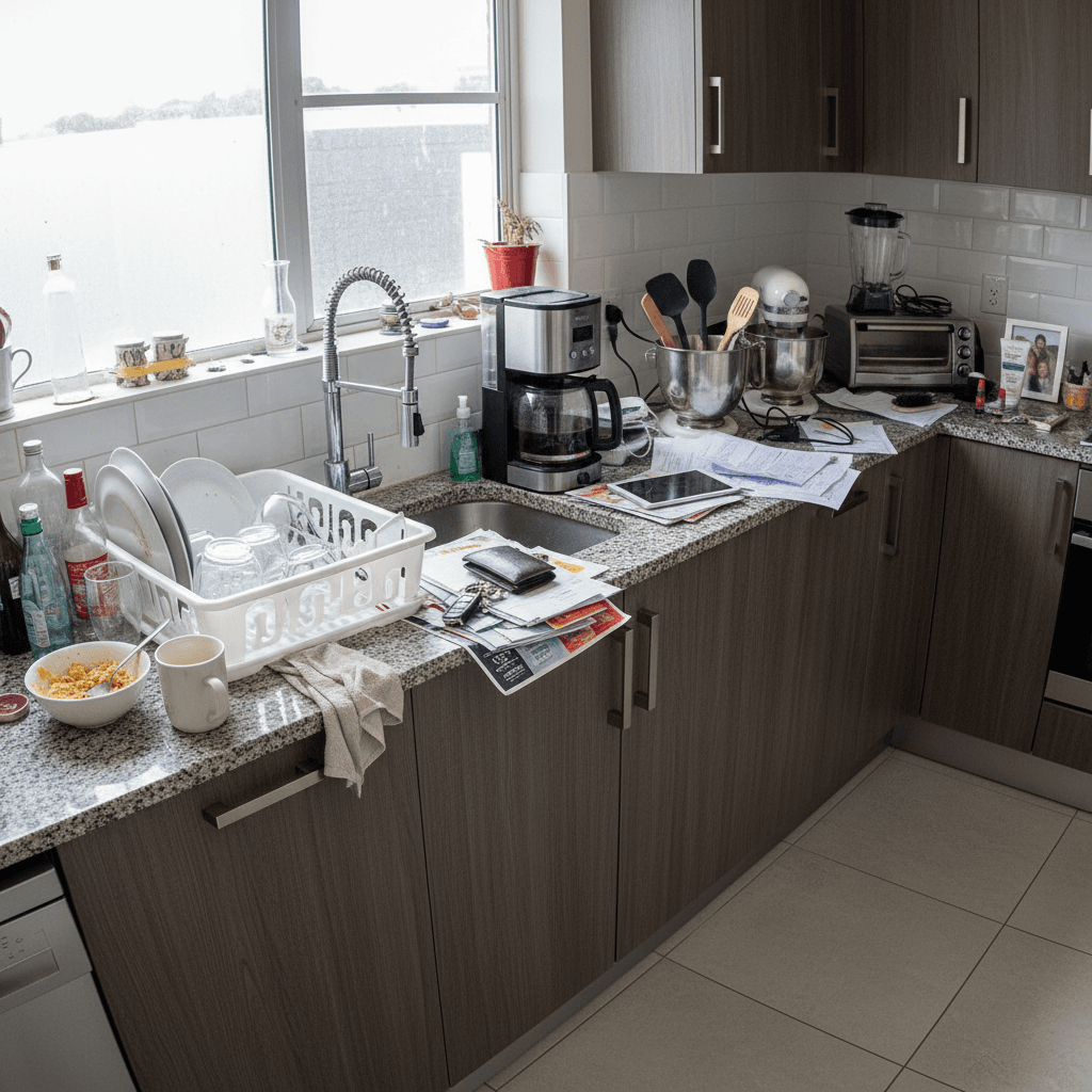 Kitchen counter with clutter and personal items