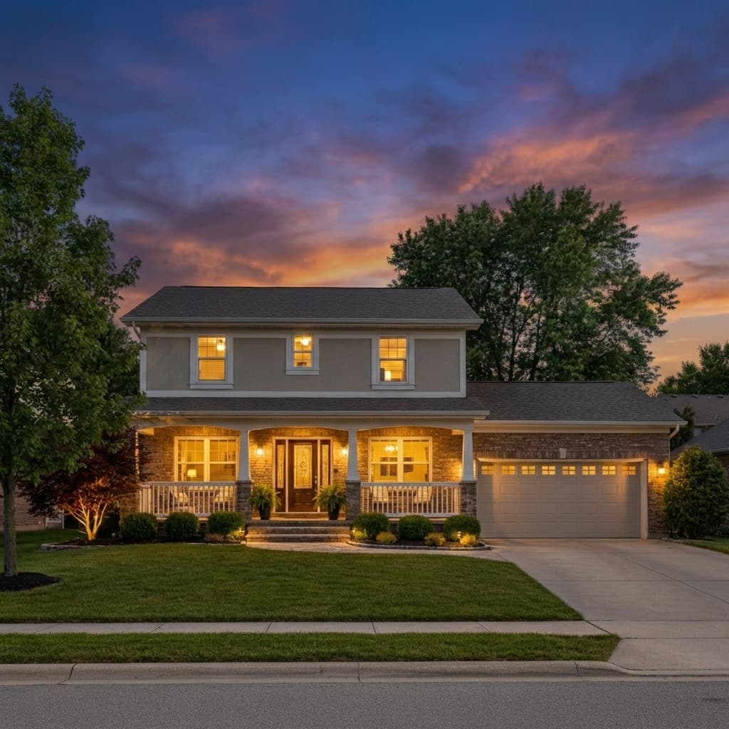 Stunning twilight photo with warm glowing windows