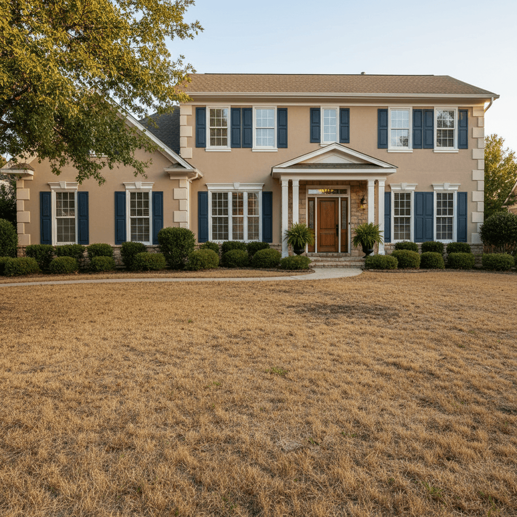 House exterior with brown dry patchy lawn