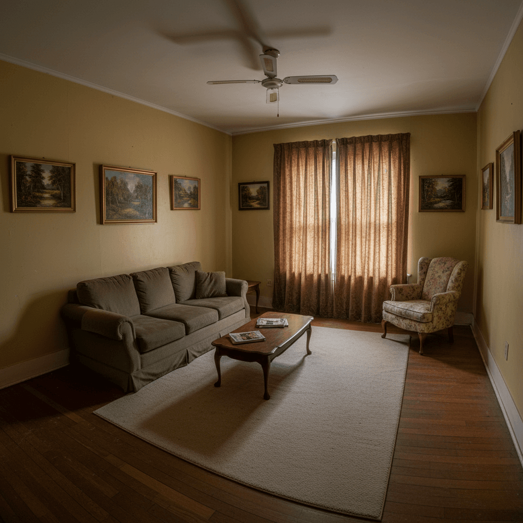 Living room with dated yellow walls