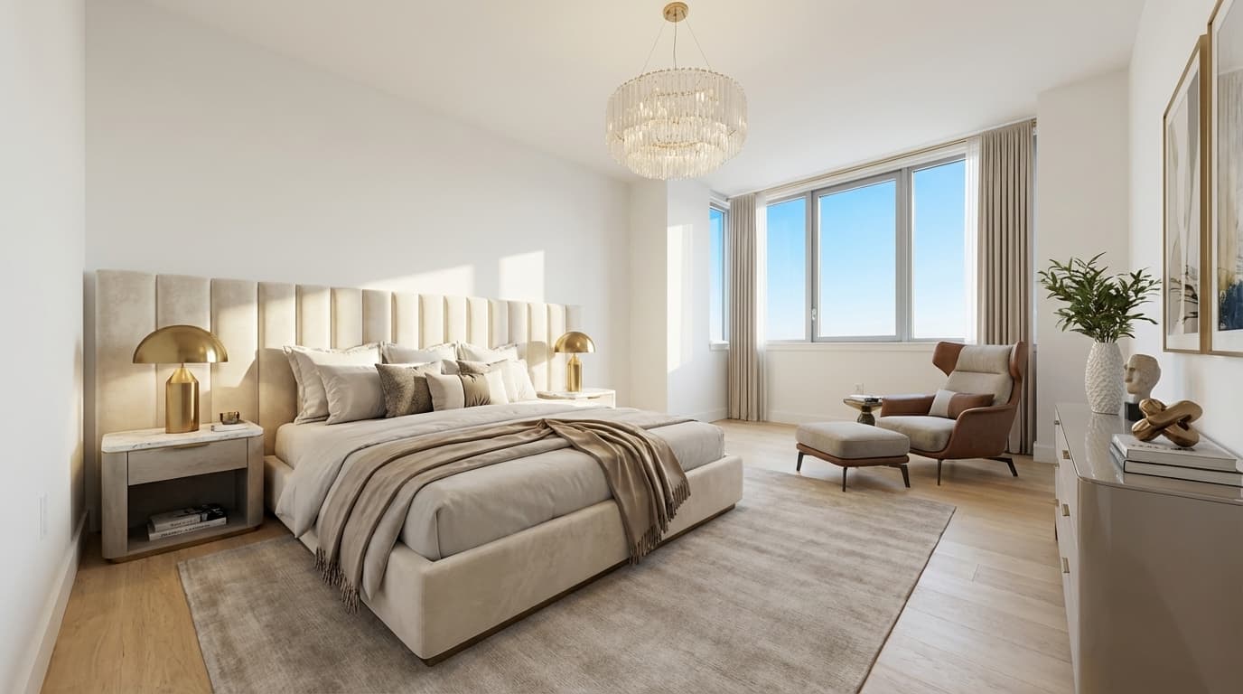 Bedroom staged in luxury style