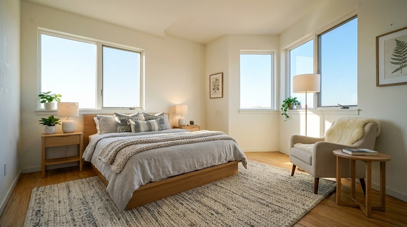 Bedroom staged in scandinavian style