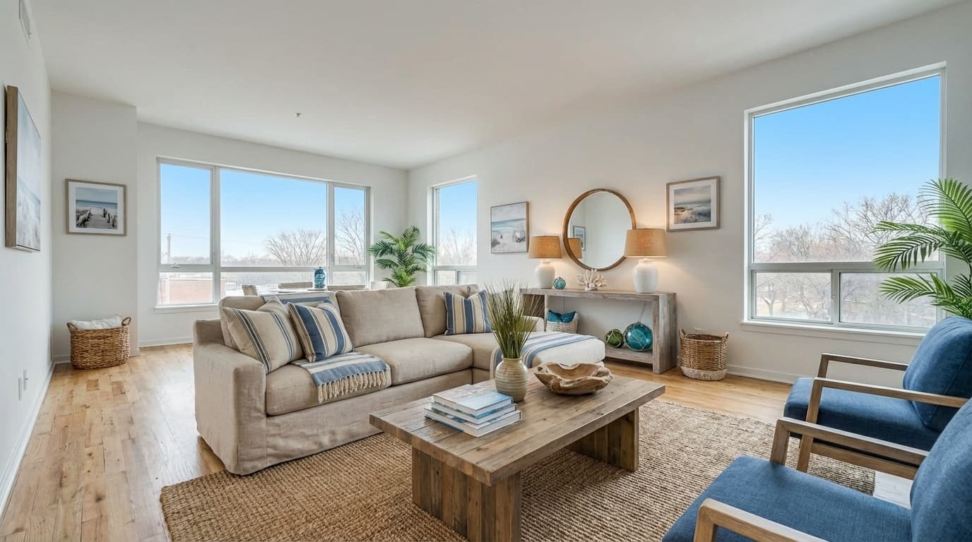 Living Room staged in coastal style