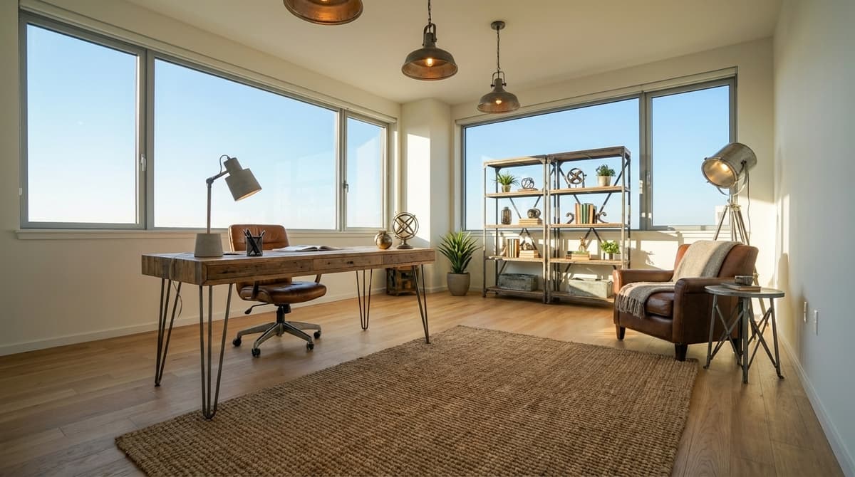 Home office virtually staged in industrial style