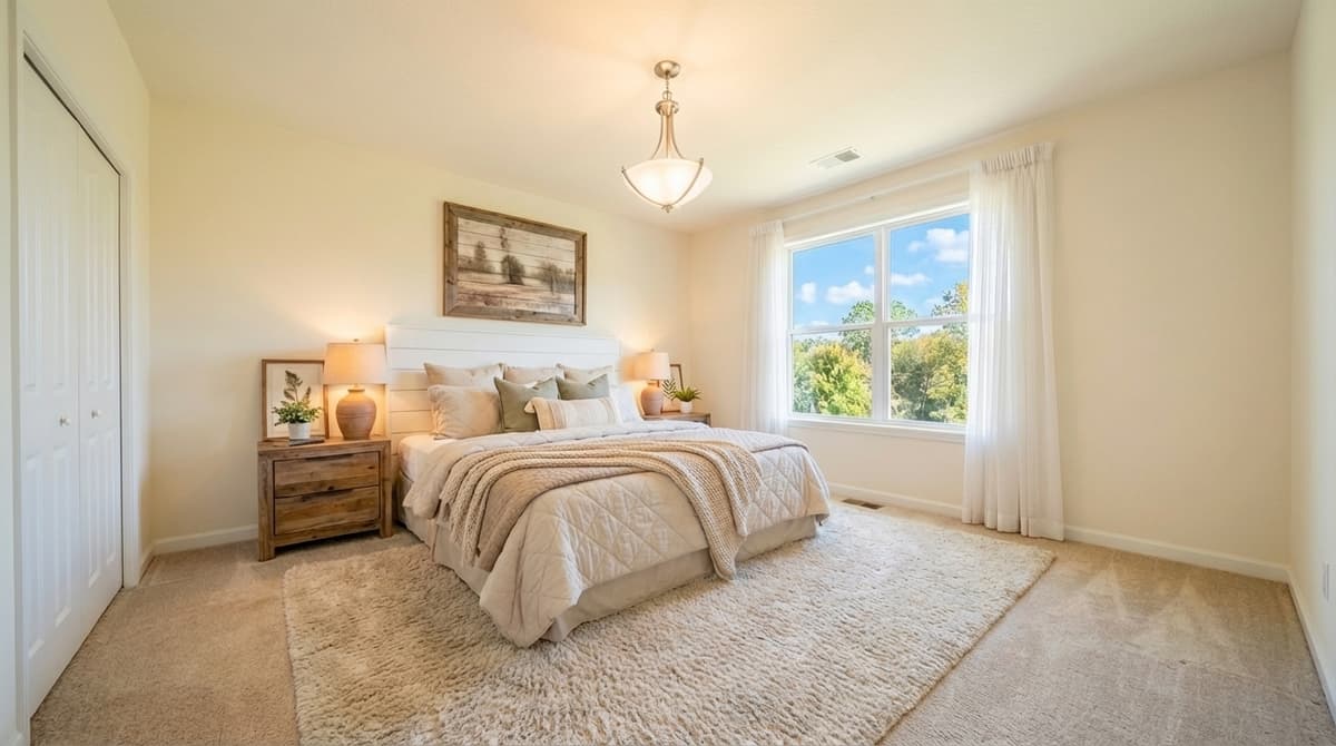 Bedroom virtually staged in farmhouse style