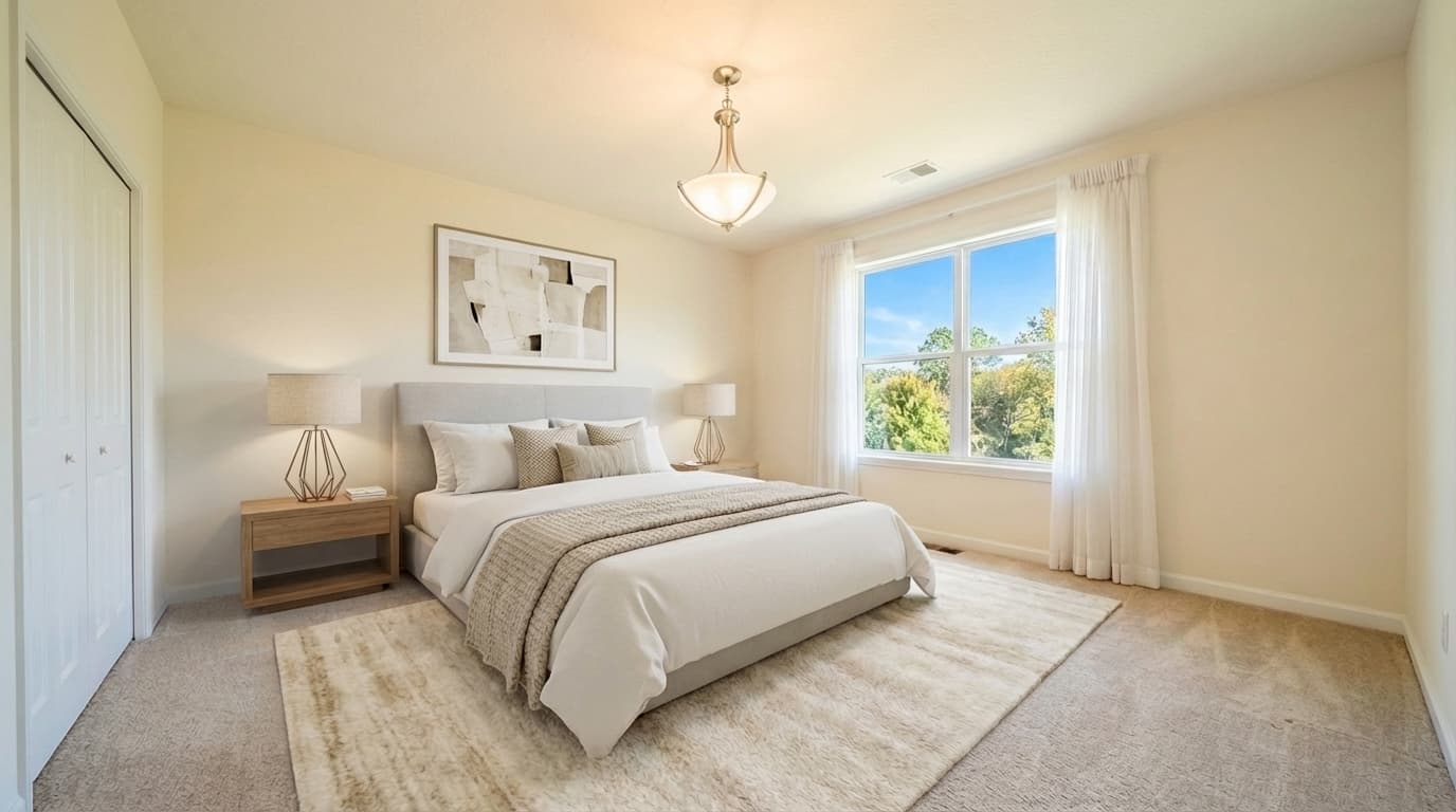 Staged bedroom with bed and furniture