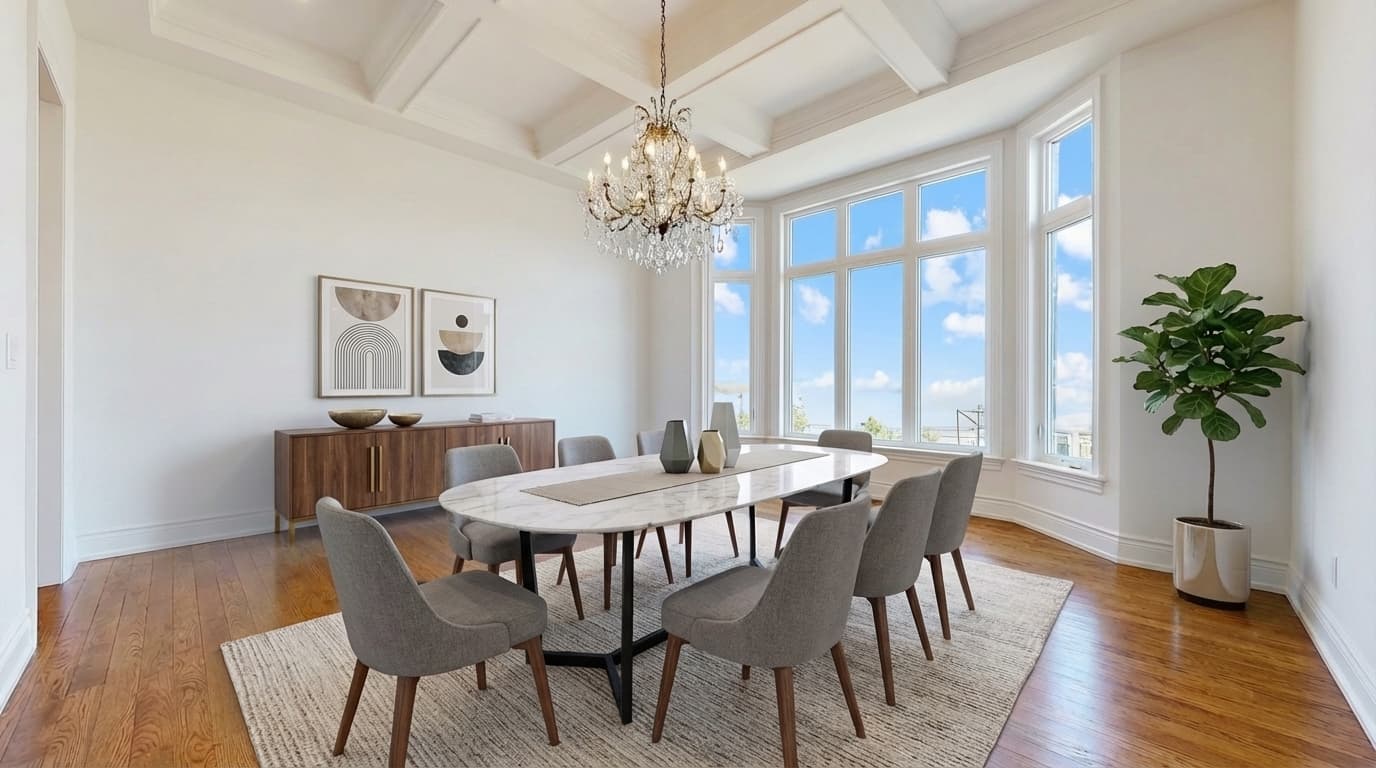 Staged dining room with table and chairs
