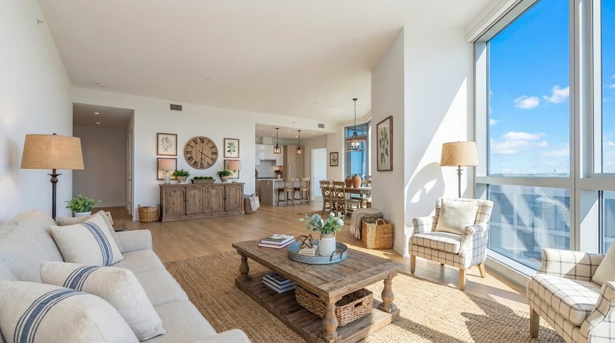 Living room after farmhouse style virtual staging