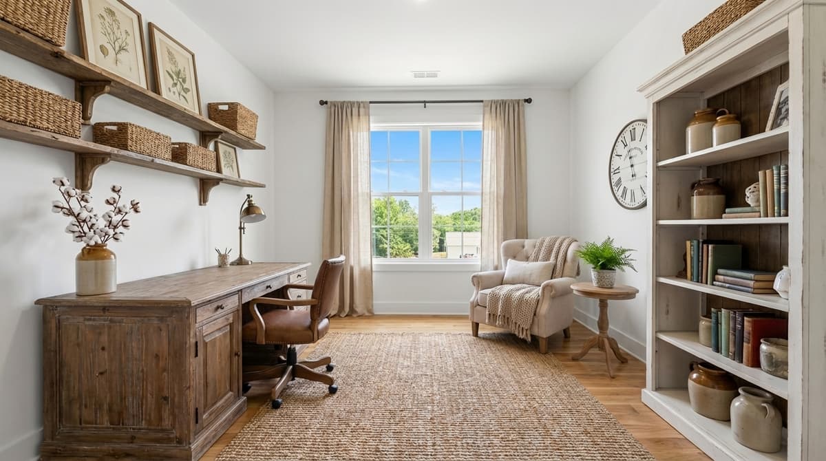 Home office virtually staged in farmhouse style