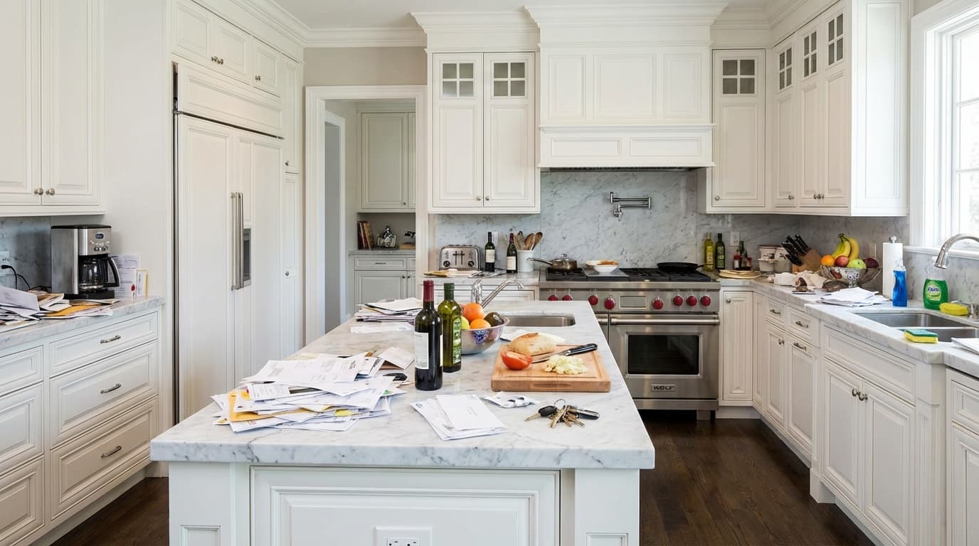 Kitchen counter covered in clutter and personal items