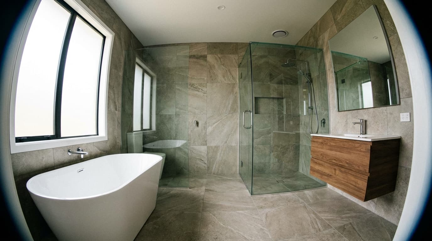 Bathroom with leaning walls and barrel distortion