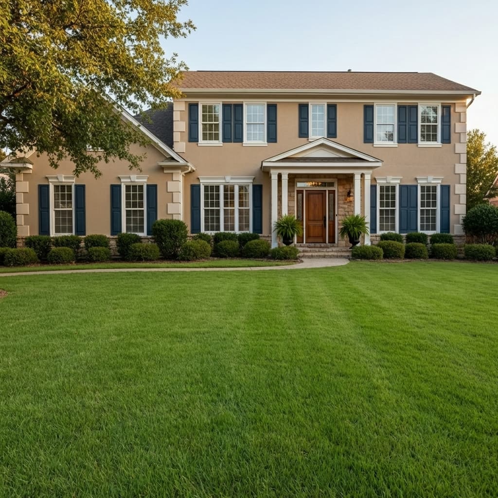 Same house with lush green healthy lawn